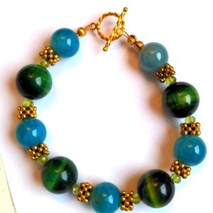 New Green Tiger Eye & Blue Agate Bead  Bracelet.Handcrafted. Gold Plated Genuine